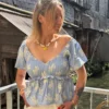 Haut smoké femme viscose bleu ciel motifs feuilles | Dream By C