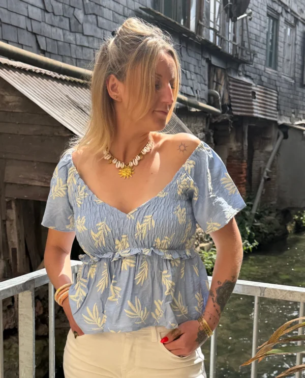 Haut smoké femme viscose bleu ciel motifs feuilles | Dream By C