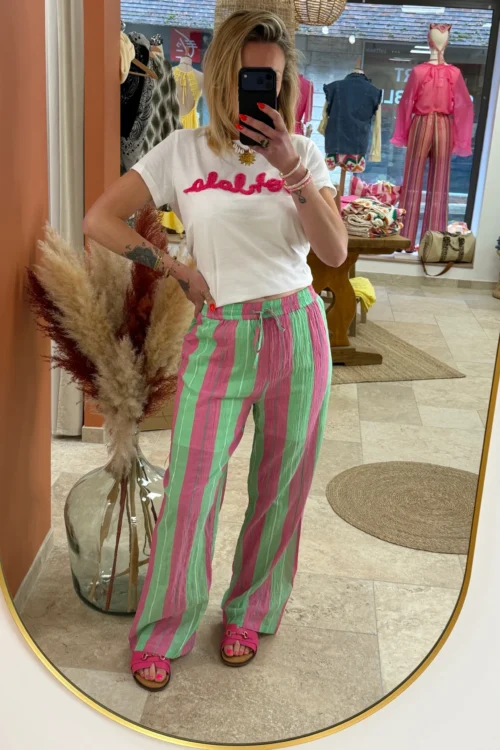 pantalon-bicolore-fluide-femme-vert-rose-double- Pantalon bicolore fluide femme vert et rose, doublé | Dream By C