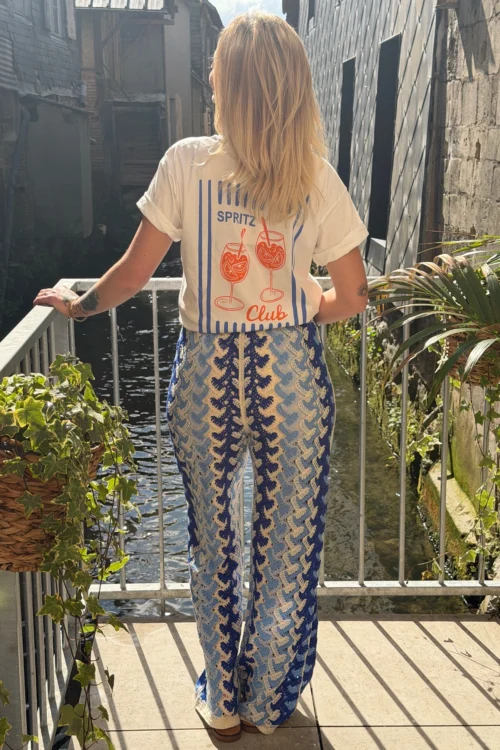 Pantalon crochet bleu femme large bas, doublé | Dream By C