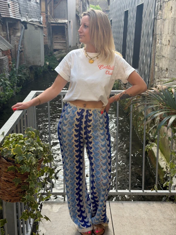 Pantalon crochet bleu femme large bas, doublé | Dream By C