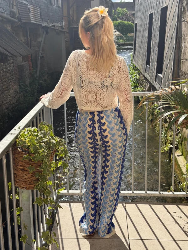 Pantalon crochet bleu femme large bas, doublé | Dream By C