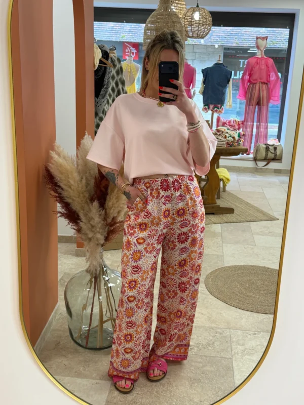 Pantalon fluide coloré femme large, motifs orangés | Dream By C