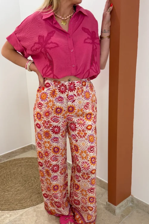 pantalon-fluide-colore-femme-motifs-oranges-dreambyc Pantalon fluide coloré femme large, motifs orangés | Dream By C