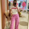 Pantalon imprimé cachemire femme fluide rose | Dream By C