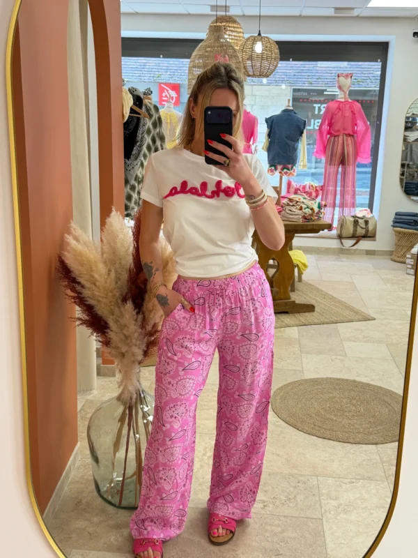 Pantalon imprimé cachemire femme fluide rose | Dream By C