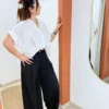 Pantalon large habillé noir femme, bouton doré zip | Dream By C