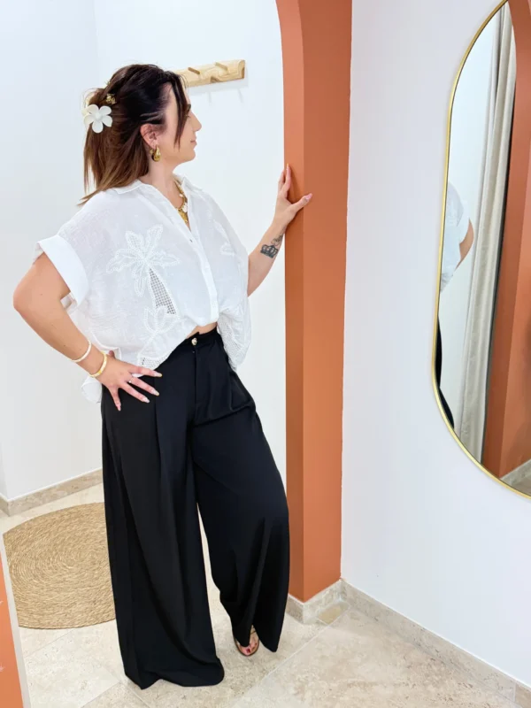 Pantalon large habillé noir femme, bouton doré zip | Dream By C