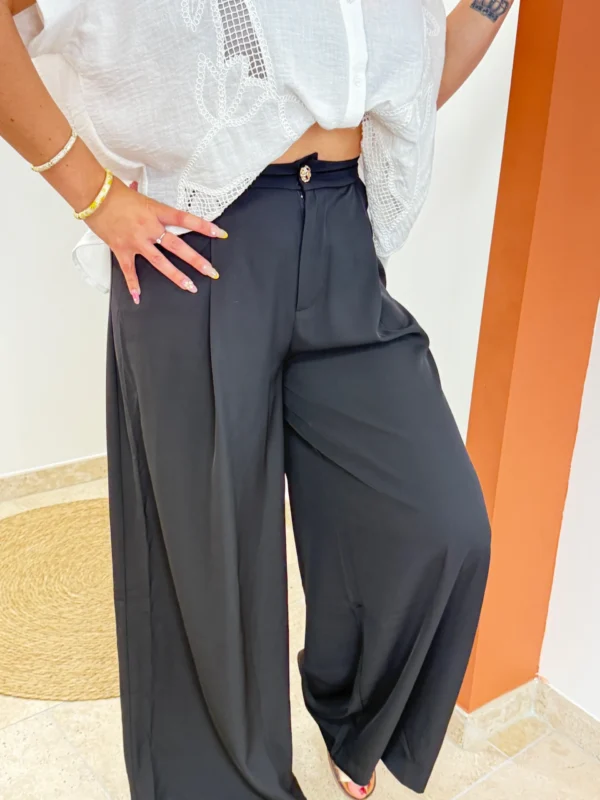 Pantalon large habillé noir femme, bouton doré zip | Dream By C