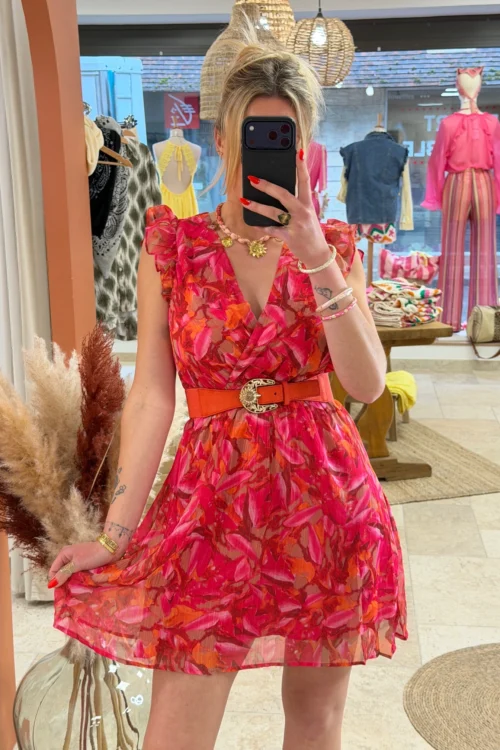 -robe-courte-fuchsia-motifs-femme-cache-coeur-volants- Robe courte fuchsia motifs femme, col cache-cœur | Dream By C