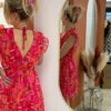 Robe courte fuchsia motifs femme, col cache-cœur | Dream By C