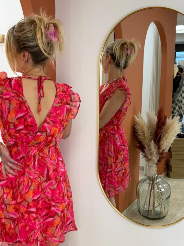 Robe courte fuchsia motifs femme, col cache-cœur | Dream By C