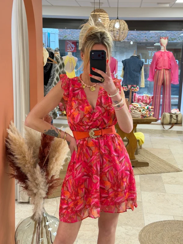 Robe courte fuchsia motifs femme, col cache-cœur | Dream By C