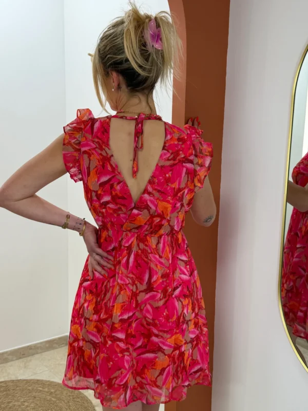 Robe courte fuchsia motifs femme, col cache-cœur | Dream By C