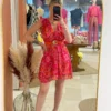 Robe courte fuchsia motifs femme, col cache-cœur | Dream By C