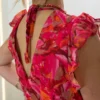 Robe courte fuchsia motifs femme, col cache-cœur | Dream By C