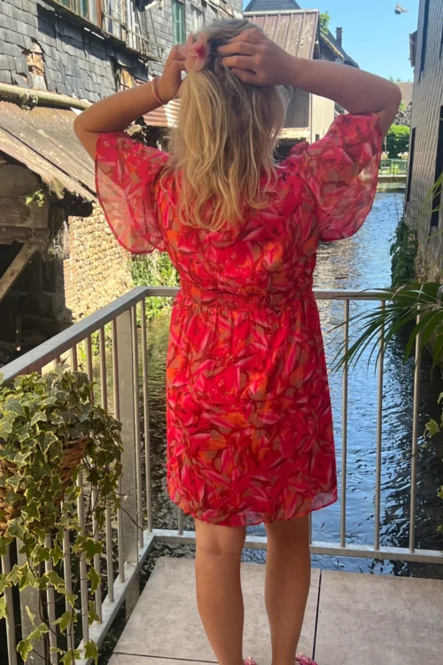 Robe courte fuchsia motifs grande taille col V | Dream By C