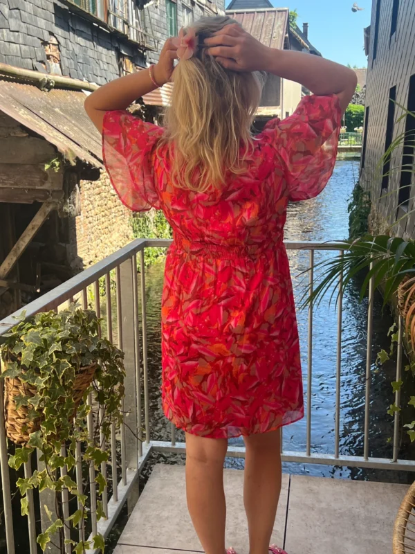 Robe courte fuchsia motifs grande taille col V | Dream By C