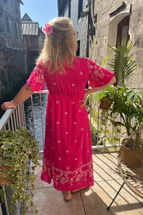 Robe longue brodée femme grande taille fuchsia | Dream By C