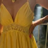 Robe longue dos nu brodée jaune, bretelles laçage | Dream By C