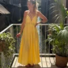 Robe longue dos nu brodée jaune, bretelles laçage | Dream By C