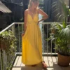 Robe longue dos nu brodée jaune, bretelles laçage | Dream By C