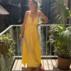 Robe longue dos nu brodée jaune, bretelles laçage | Dream By C