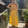 Robe longue dos nu brodée jaune, bretelles laçage | Dream By C