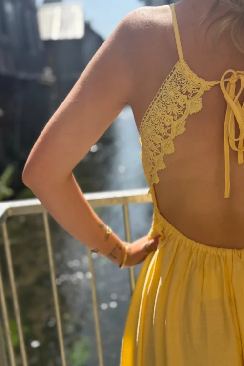 Robe longue dos nu brodée jaune, bretelles laçage | Dream By C