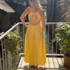 Robe longue dos nu brodée jaune, bretelles laçage | Dream By C