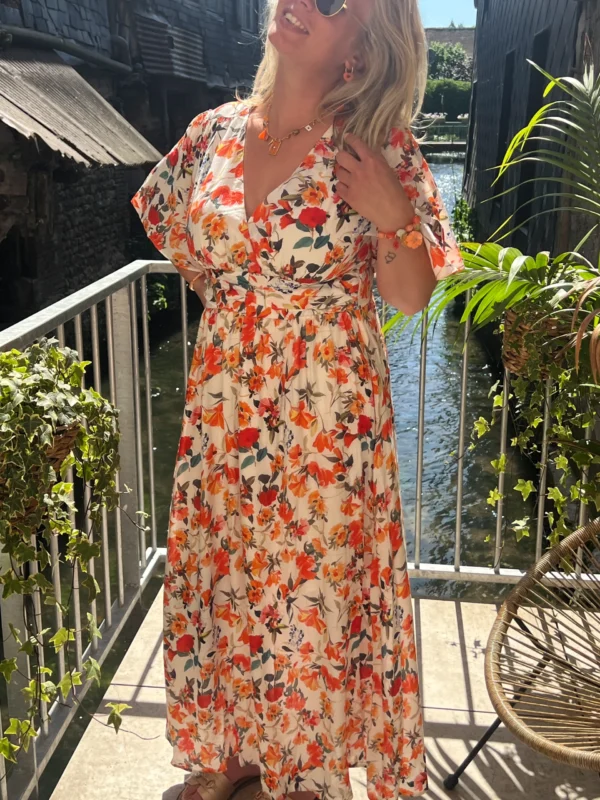 Robe longue fleurie orange grande taille bandeau | Dream By C