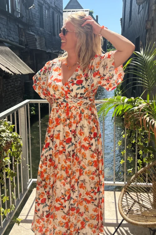 robe-longue-fleurie-orange-grande-taille-bandeau-fronce Robe longue fleurie orange grande taille bandeau | Dream By C