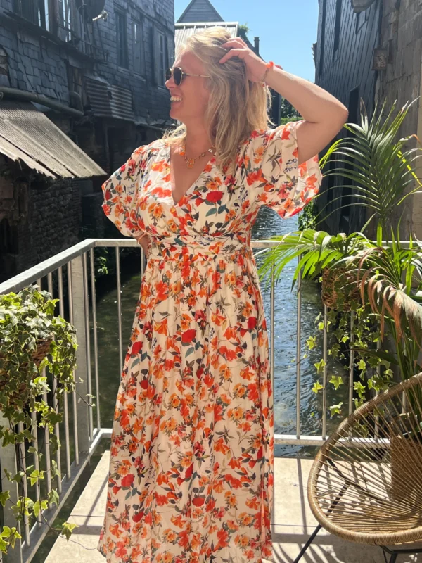 Robe longue fleurie orange grande taille bandeau | Dream By C