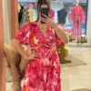 Robe longue florale femme rose, manches papillon | Dream By C