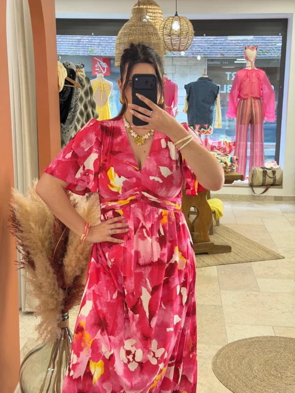 Robe longue florale femme rose, manches papillon | Dream By C