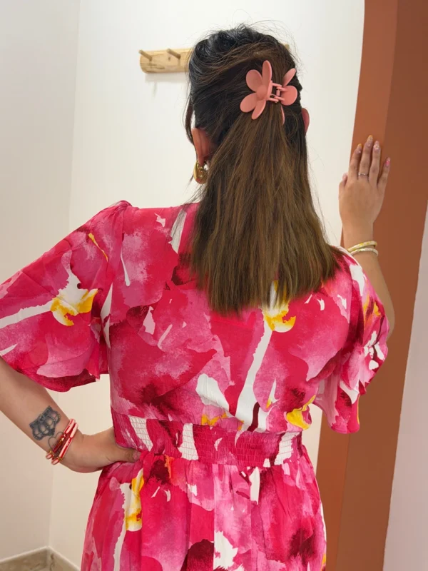 Robe longue florale femme rose, manches papillon | Dream By C