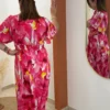 Robe longue florale femme rose, manches papillon | Dream By C
