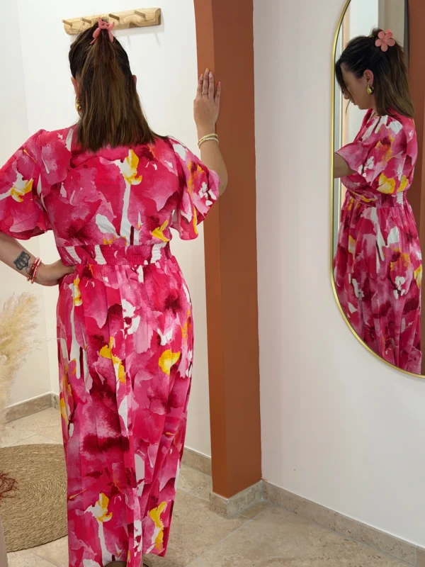 Robe longue florale femme rose, manches papillon | Dream By C