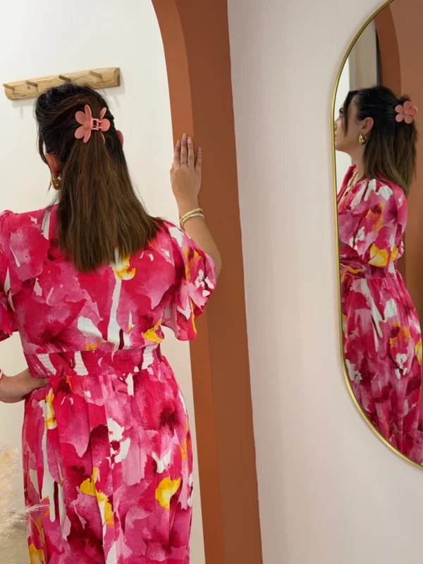 Robe longue florale femme rose, manches papillon | Dream By C