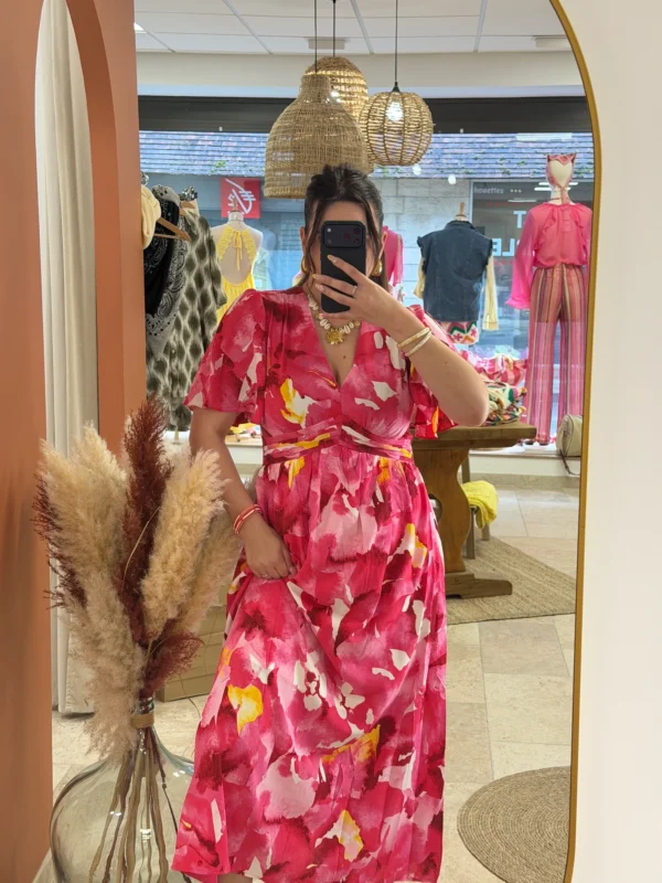 Robe longue florale femme rose, manches papillon | Dream By C