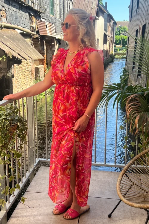 -robe-longue-fuchsia-grande-taille-cache-coeur-volants- Robe longue fuchsia grande taille cache cœur | Dream By C
