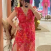 Robe longue fuchsia motifs femme, col cache-cœur | Dream By C