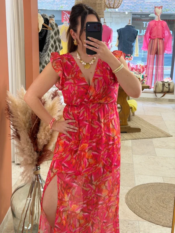 Robe longue fuchsia motifs femme, col cache-cœur | Dream By C