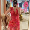 Robe longue fuchsia motifs femme, col cache-cœur | Dream By C