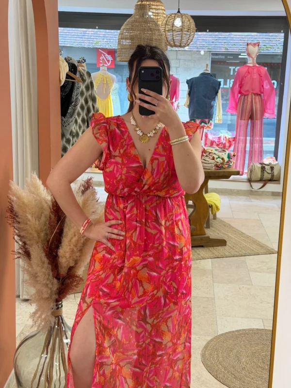 Robe longue fuchsia motifs femme, col cache-cœur | Dream By C