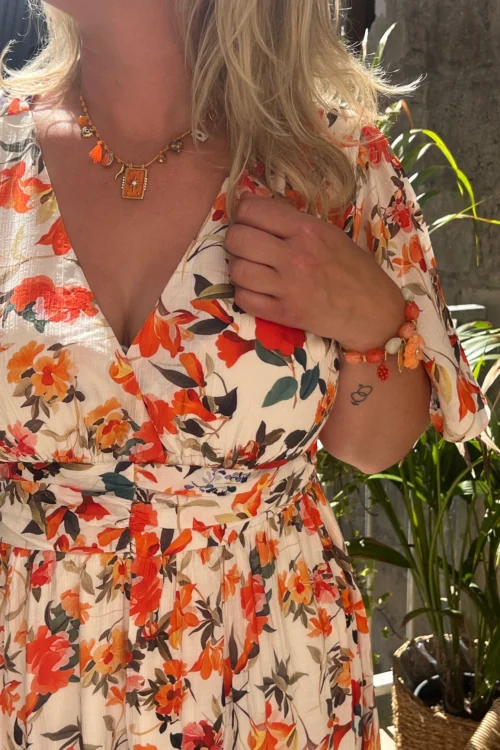 Robe longue orange écru femme, bandeau col V | Dream By C