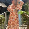 Robe longue orange écru femme, bandeau col V | Dream By C