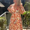 Robe longue orange écru femme, bandeau col V | Dream By C