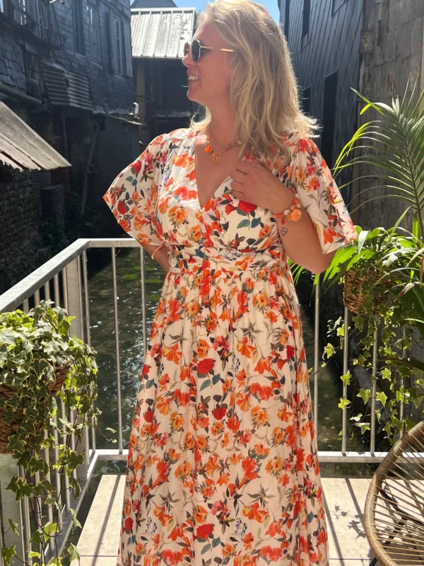 Robe longue orange écru femme, bandeau col V | Dream By C