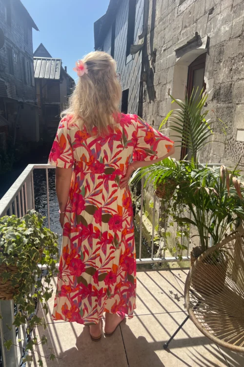 Robe longue tropicale grande taille, col V élastique | Dream By C